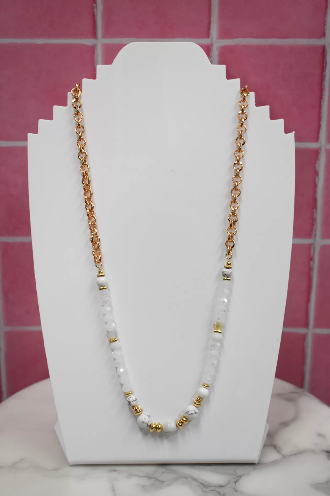 Proud Poppy Clothing Long Bead and Chain Necklace in White