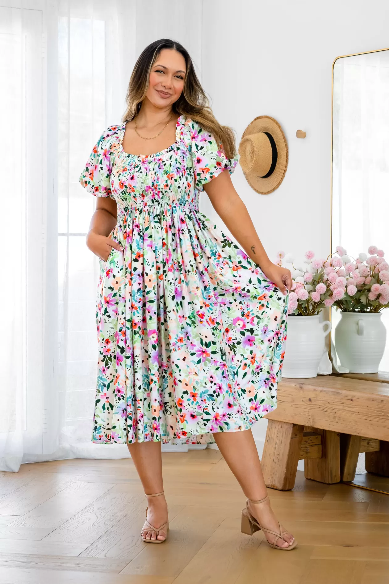 Proud Poppy Clothing Stelle Linen Blend Midi Dress in Rose Fleur